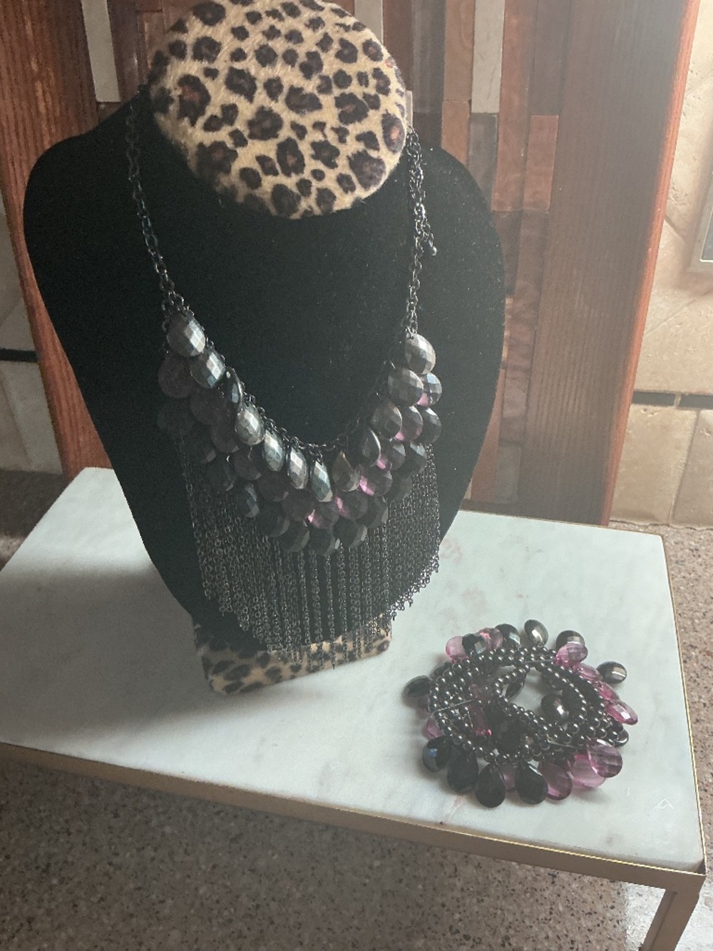New Vintage Purple Teardrop Beaded Gunmetal Chain with matching bracelet